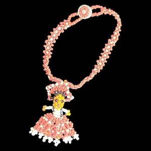 Vintage Native American Indian‎ Seed Bead Kachina Doll Charm Bracelet Red White